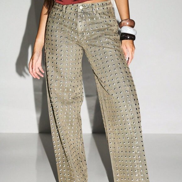 Women's Wide Leg Metallic Studded jean Bottoms Pants - Picture 2 of 5